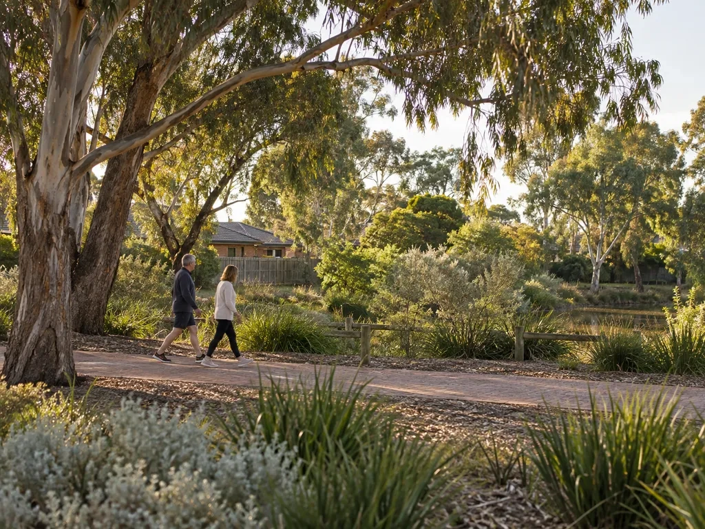 Illustrative adults walking through a leafy local reserve