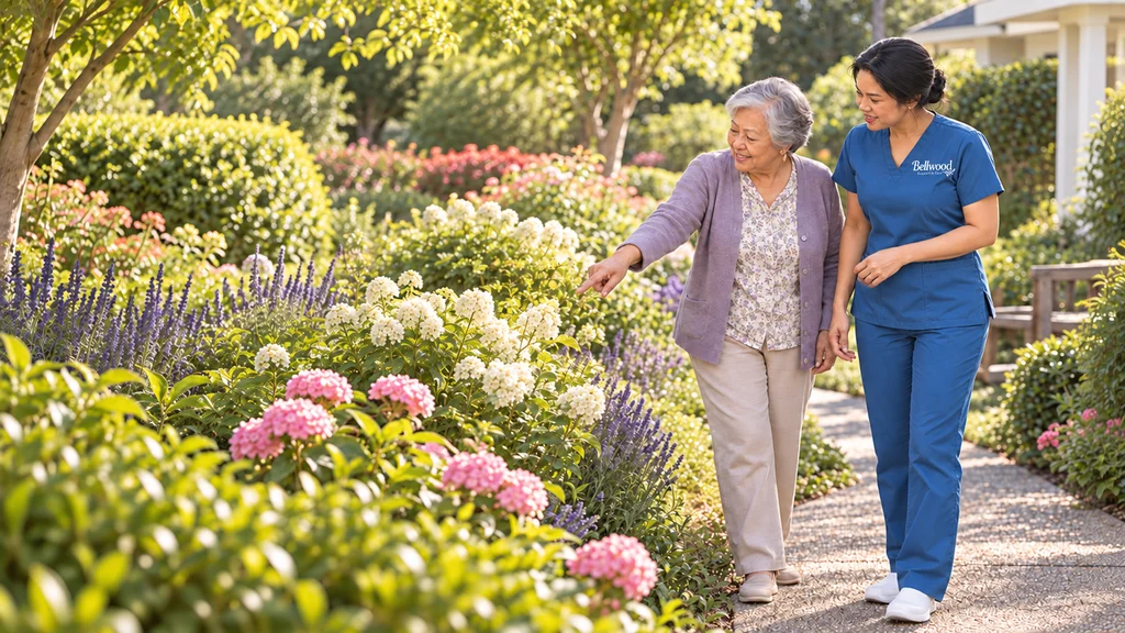 Illustrative older woman and support companion enjoying a garden together